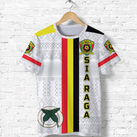 White soccer jersey front: SIA RAGA crest, red-yellow-black panel and SIARAGA text