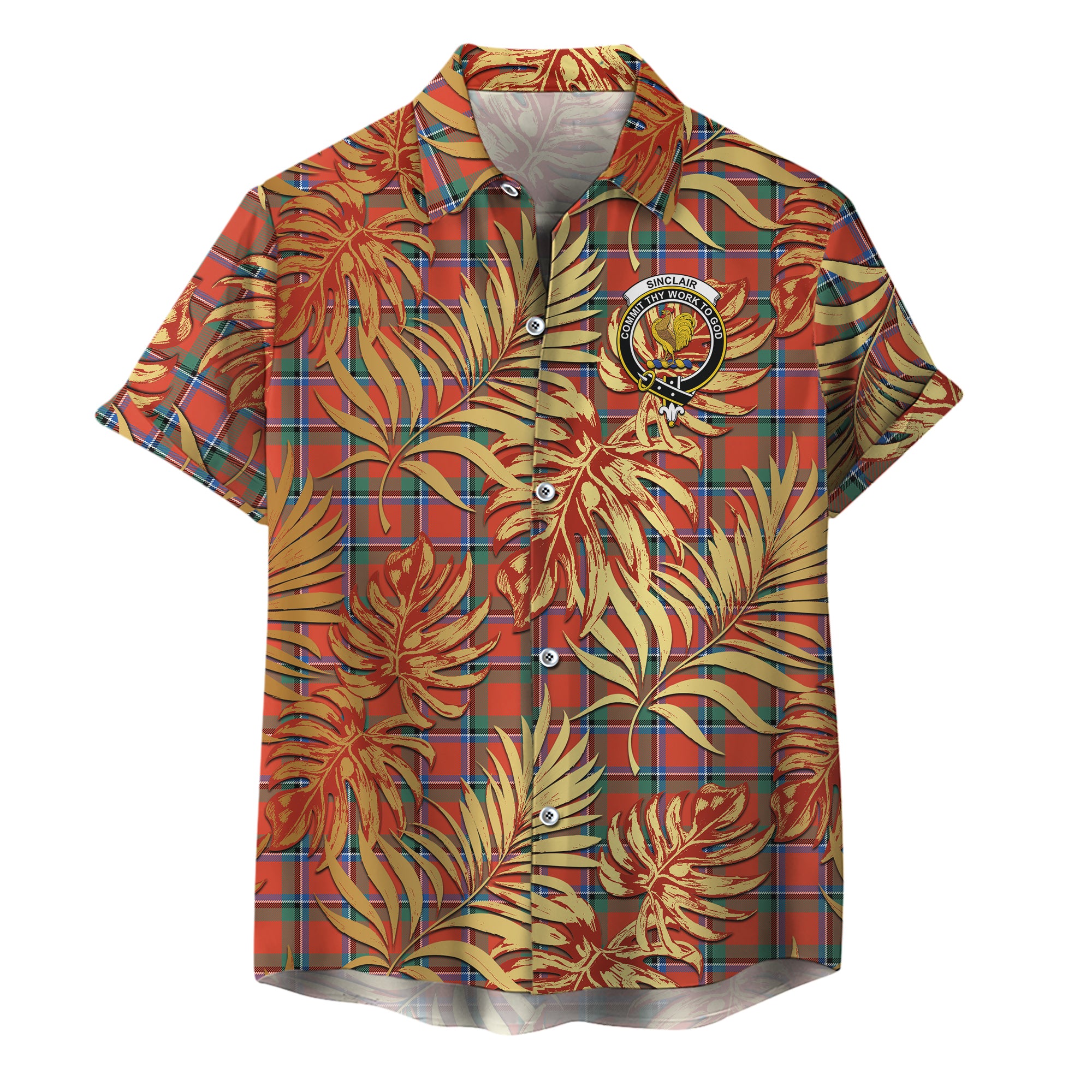 scottish-sinclair-ancient-clan-crest-tartan-golden-tropical-palm-leaves-hawaiian-shirt