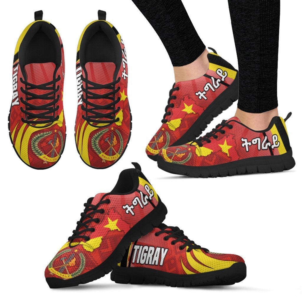 Tigray sneakers, multiple angles, red/yellow star and coat-of-arms graphic, black sole