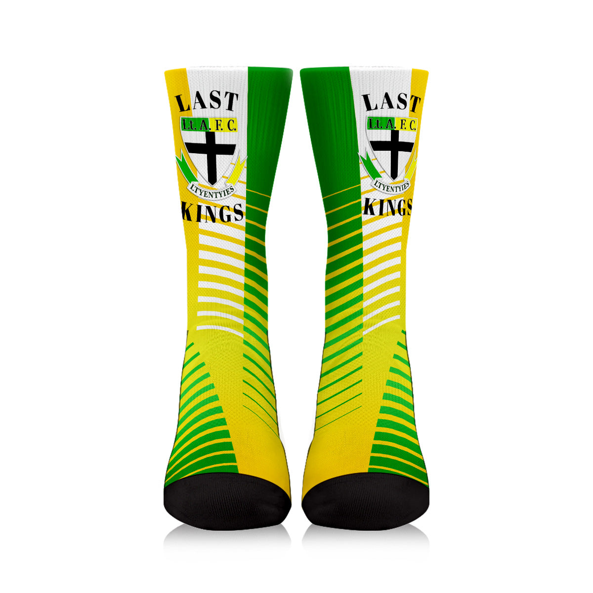 Front view yellow crew socks with green vertical stripes, black toe/heel, Kings logo