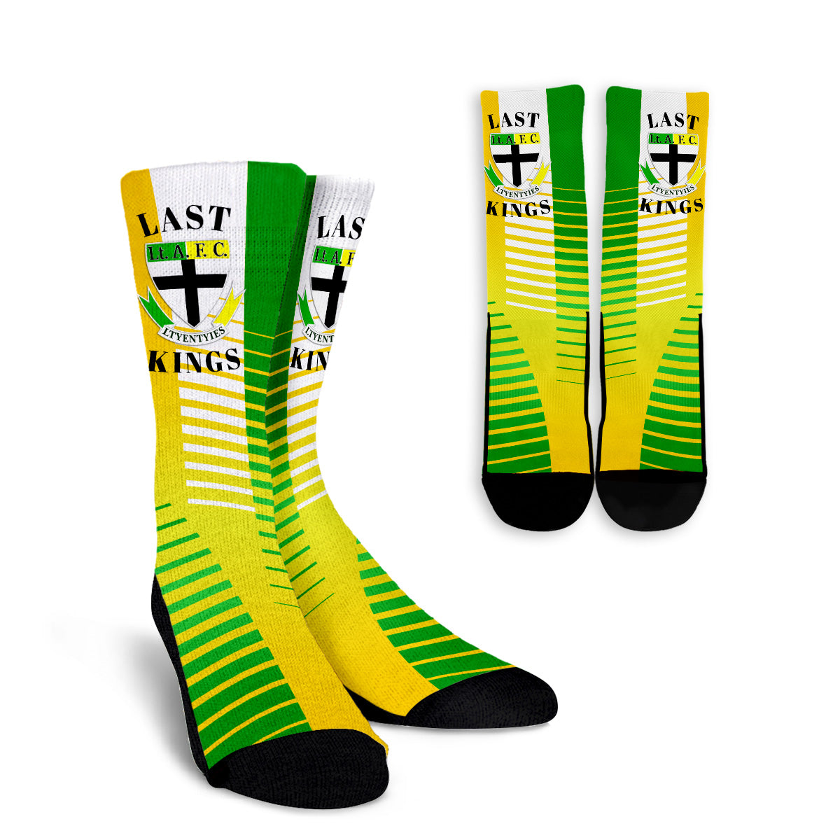 Yellow crew socks with green stripes, black toe/heel, Kings logo