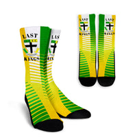Yellow crew socks with green stripes, black toe/heel, Kings logo