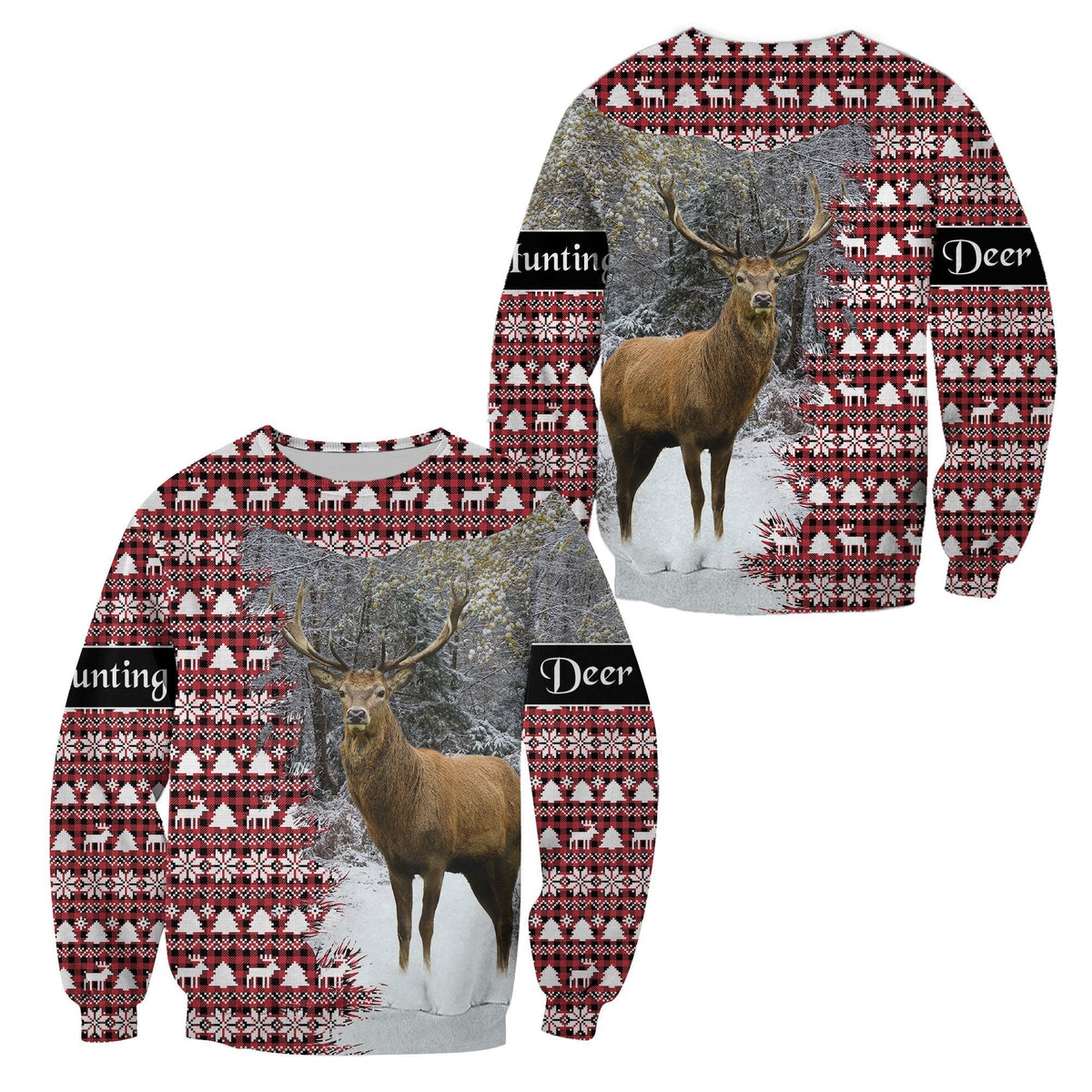 Dear Hunting Christmas Sweatshirt - Red White LT8 - Wonder Print Shop