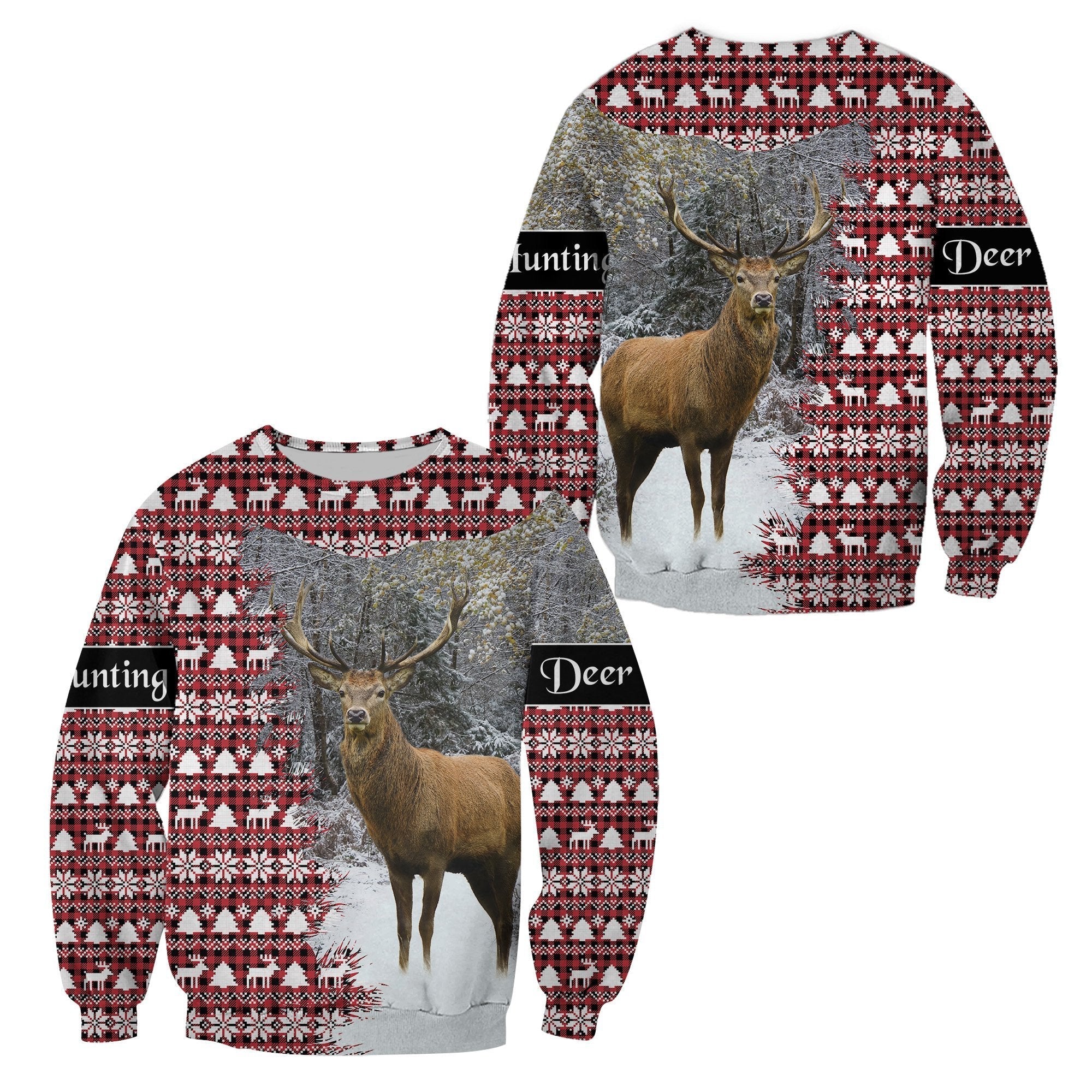 Dear Hunting Christmas Sweatshirt - Red White LT8 - Wonder Print Shop