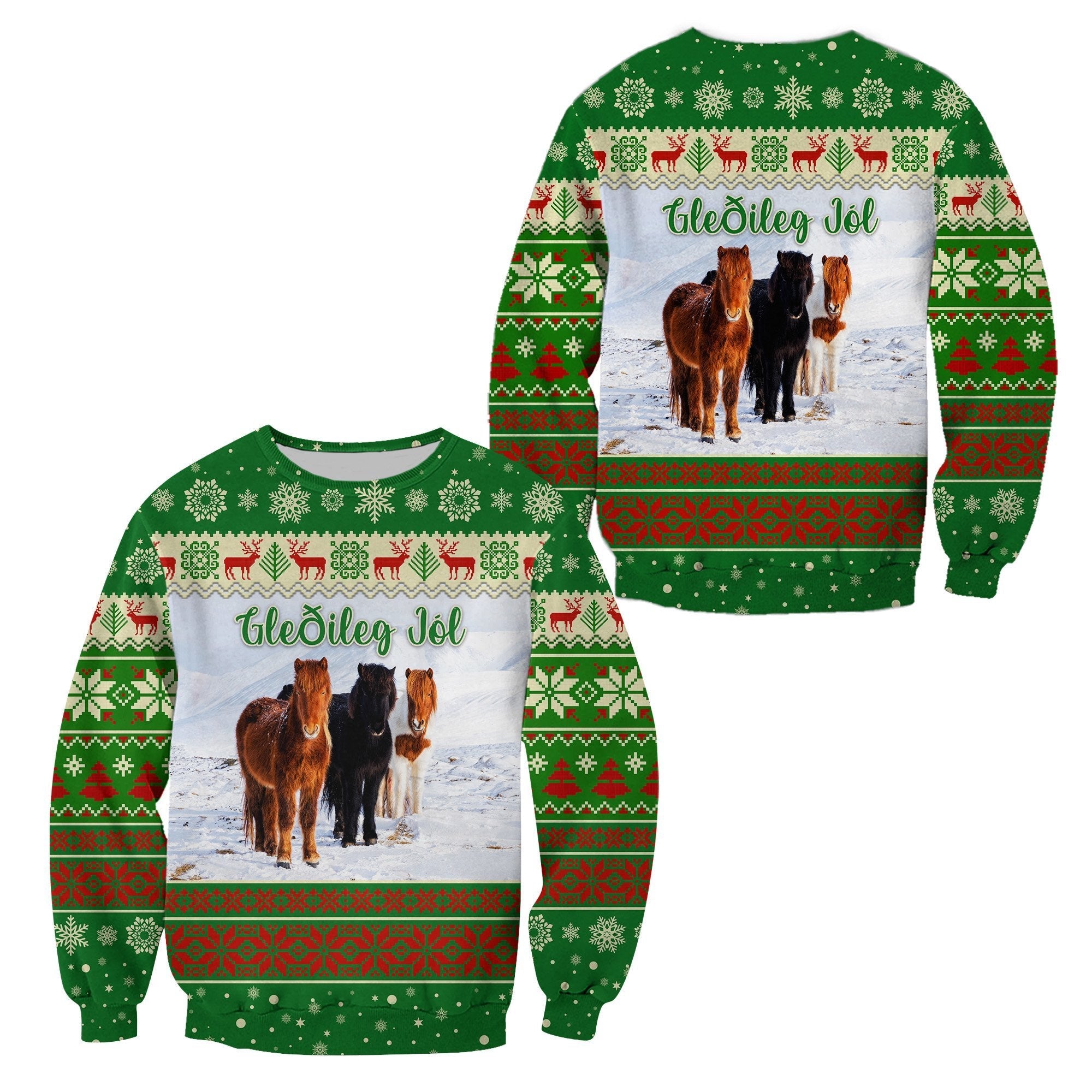Icelandic Horse Christmas  Sweatshirt - Green LT8 - Wonder Print Shop