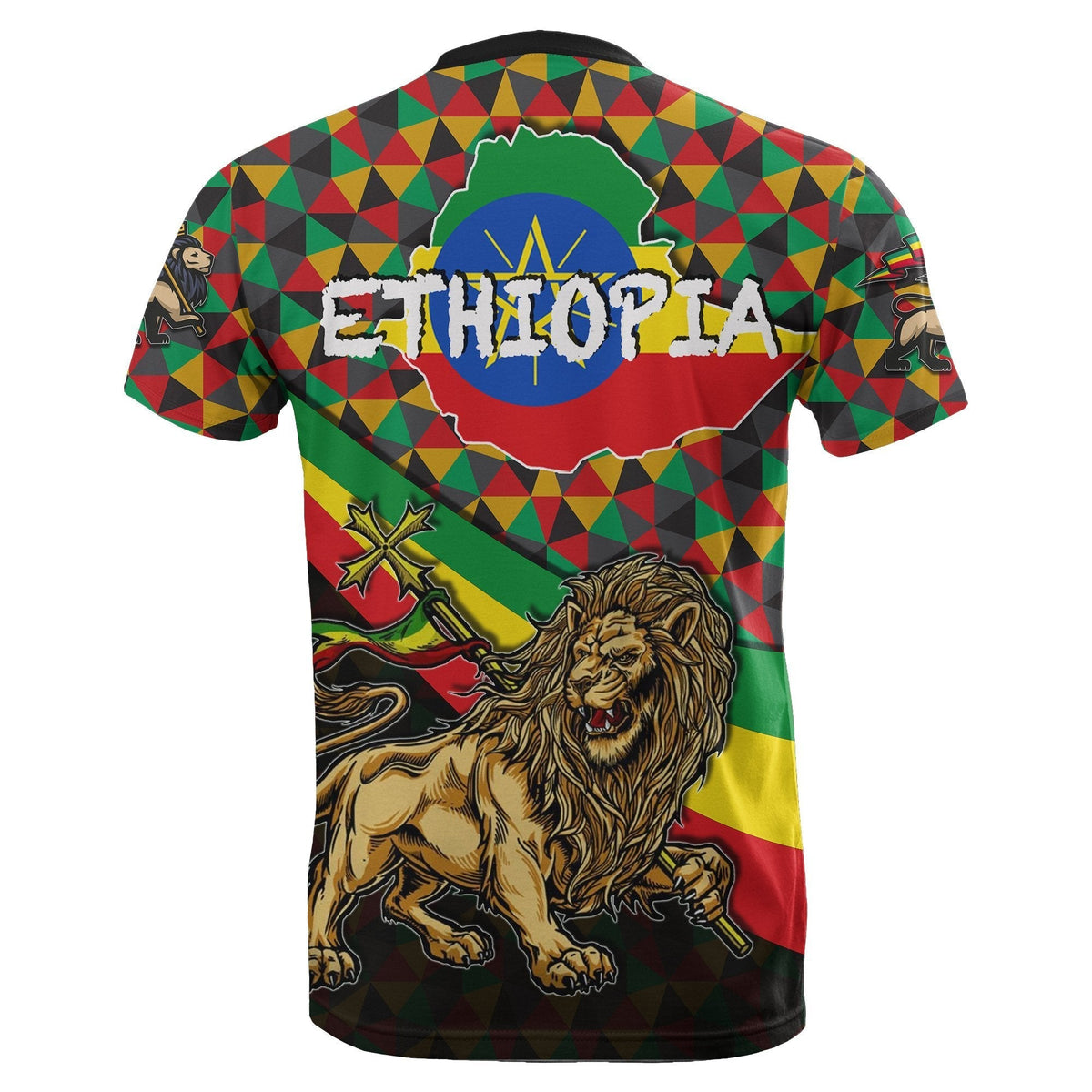 Back view multicolor T-shirt with Ethiopia emblem, lion artwork, geometric triangles