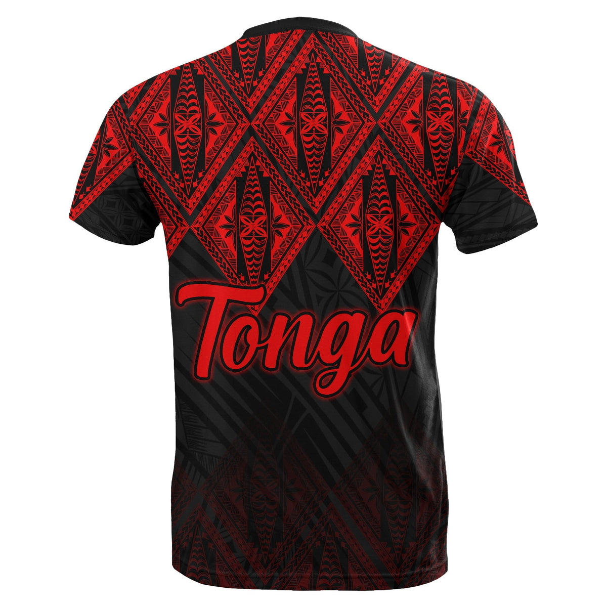 Back of black T-shirt with red tribal pattern and large Tonga lettering