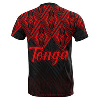 Back of black T-shirt with red tribal pattern and large Tonga lettering