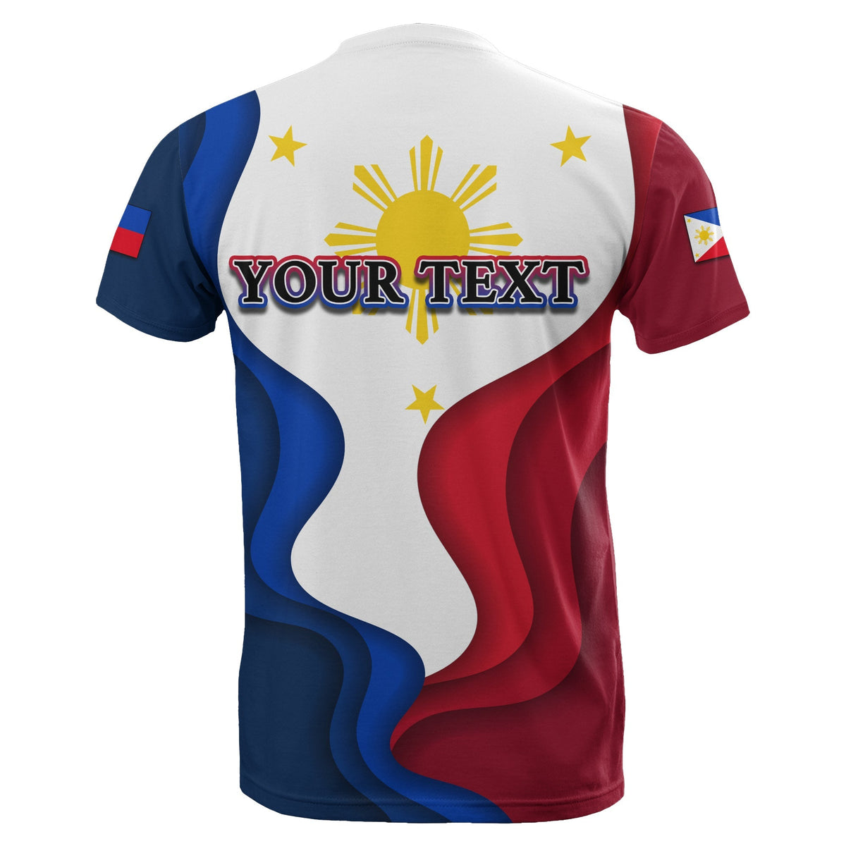 Camiseta blanca con bandera filipina en la espalda y texto "YOUR TEXT"
