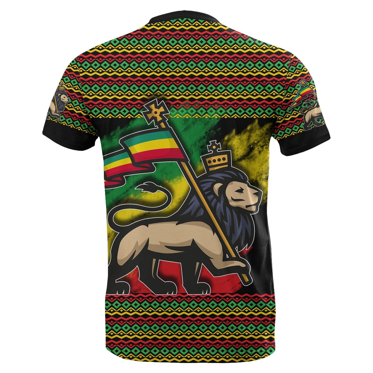 Ethiopia T-shirt back with grunge lion graphic and zigzag patterned border