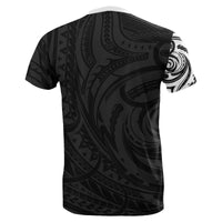 Black Tongan patterned back T-shirt with dark abstract tribal motifs