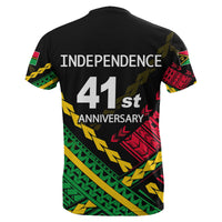 Vanuatu independence tee, black back text 'INDEPENDENCE 41st ANNIVERSARY' with red accents