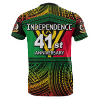 Vanuatu T-shirt back: “Independence 41st Anniversary” in green, red, yellow tribal print