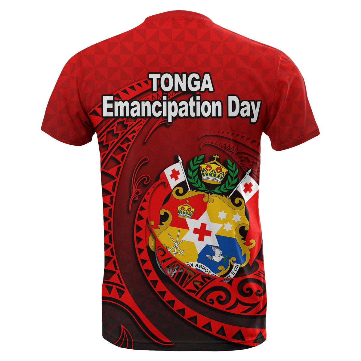 Red Tonga Emancipation Day T-shirt with back text and central emblem graphic