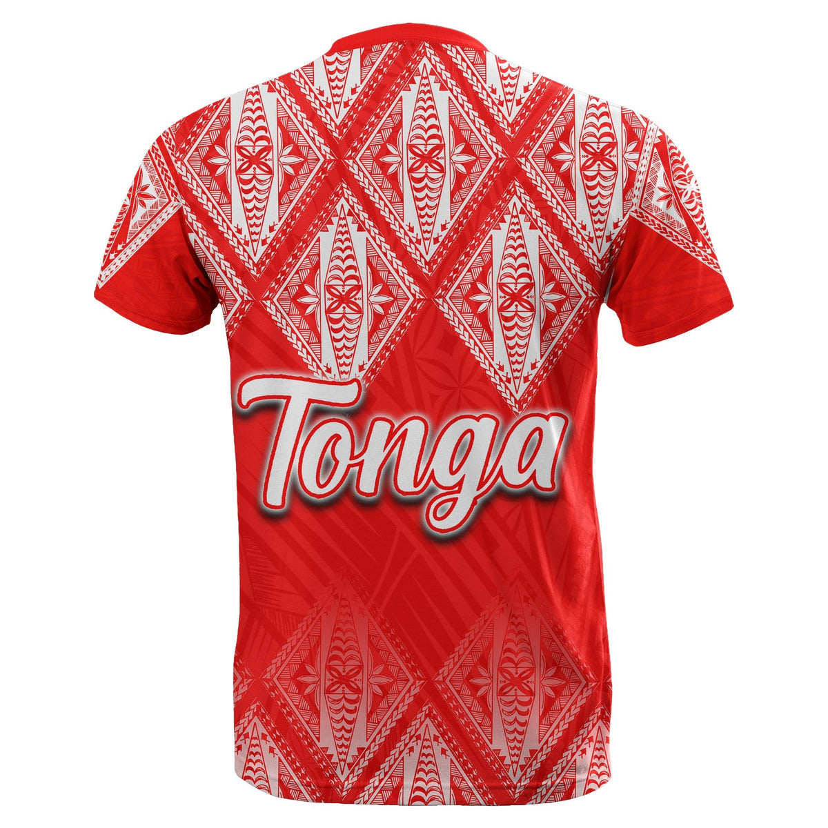 Red Tonga T-shirt with white geometric tribal pattern and large 'Tonga' script on chest