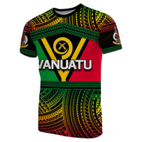 Vanuatu graphic T-shirt, green red yellow tribal pattern with Vanuatu word print