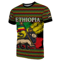 Ethiopia T-shirt with grunge lion graphic, flag colors, and patterned trim