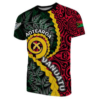 Red Vanuatu T-shirt with Maori pattern, yellow braid, and OTEARO graphic