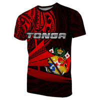 Red and black Tonga T-shirt with bold tribal print and large 'TONGA' logo