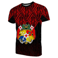 Black T-shirt with red tribal pattern and front crest graphic