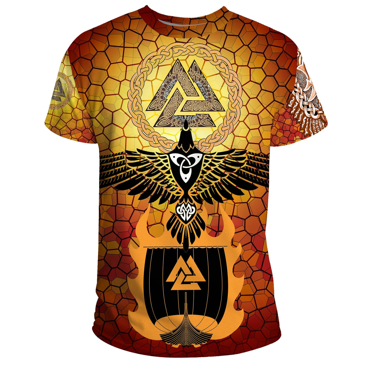 Viking T Shirt Raven Of Odin and Drakkar On Fire On Vignette Gold Valknut RLT12 - Wonder Print Shop