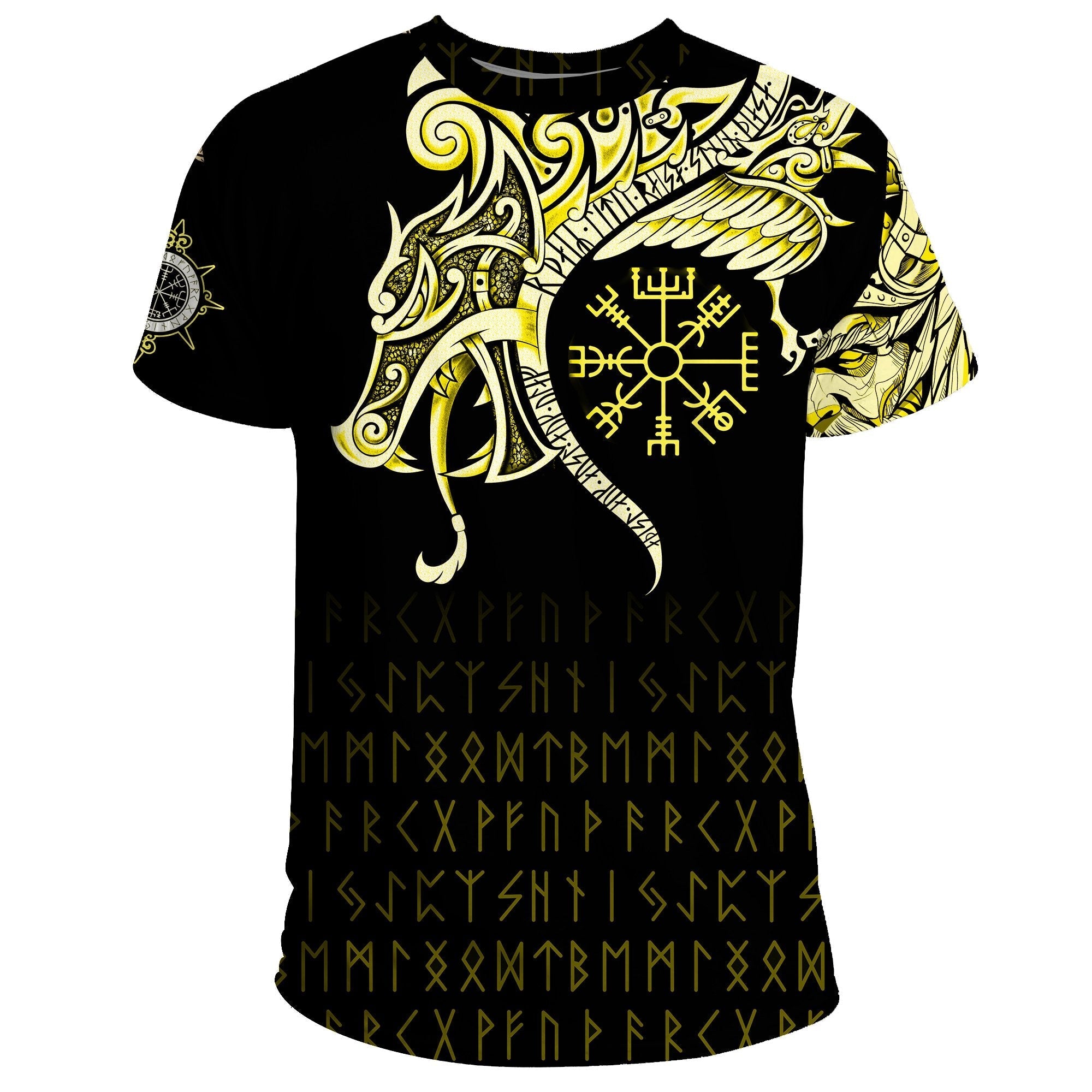 Viking T Shirt, Fenrir Raven and Vegvisir Tattoo Yellow RLT12 - Wonder Print Shop