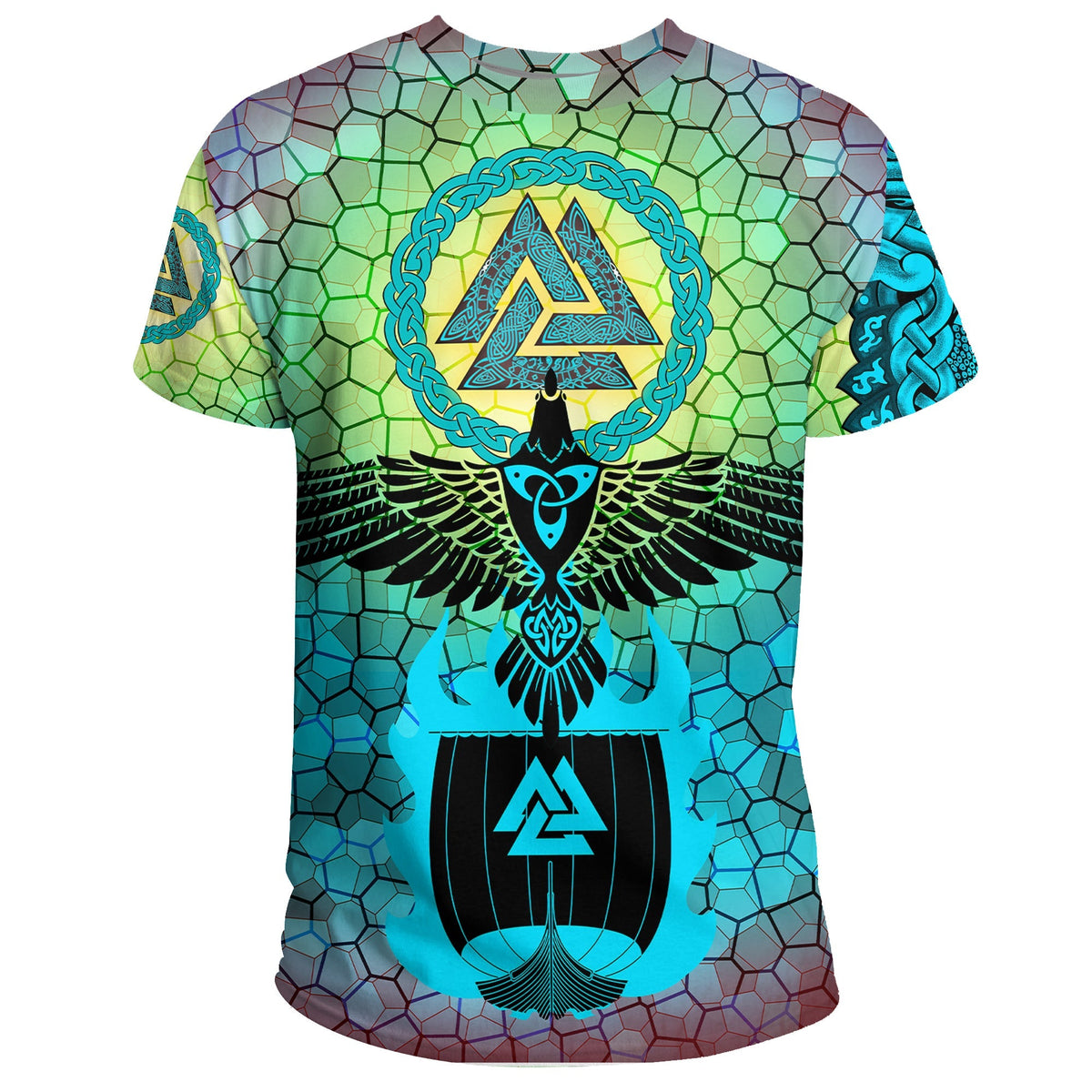 Viking T Shirt Raven Of Odin and Drakkar On Fire On Vignette Cyan Valknut RLT12 - Wonder Print Shop