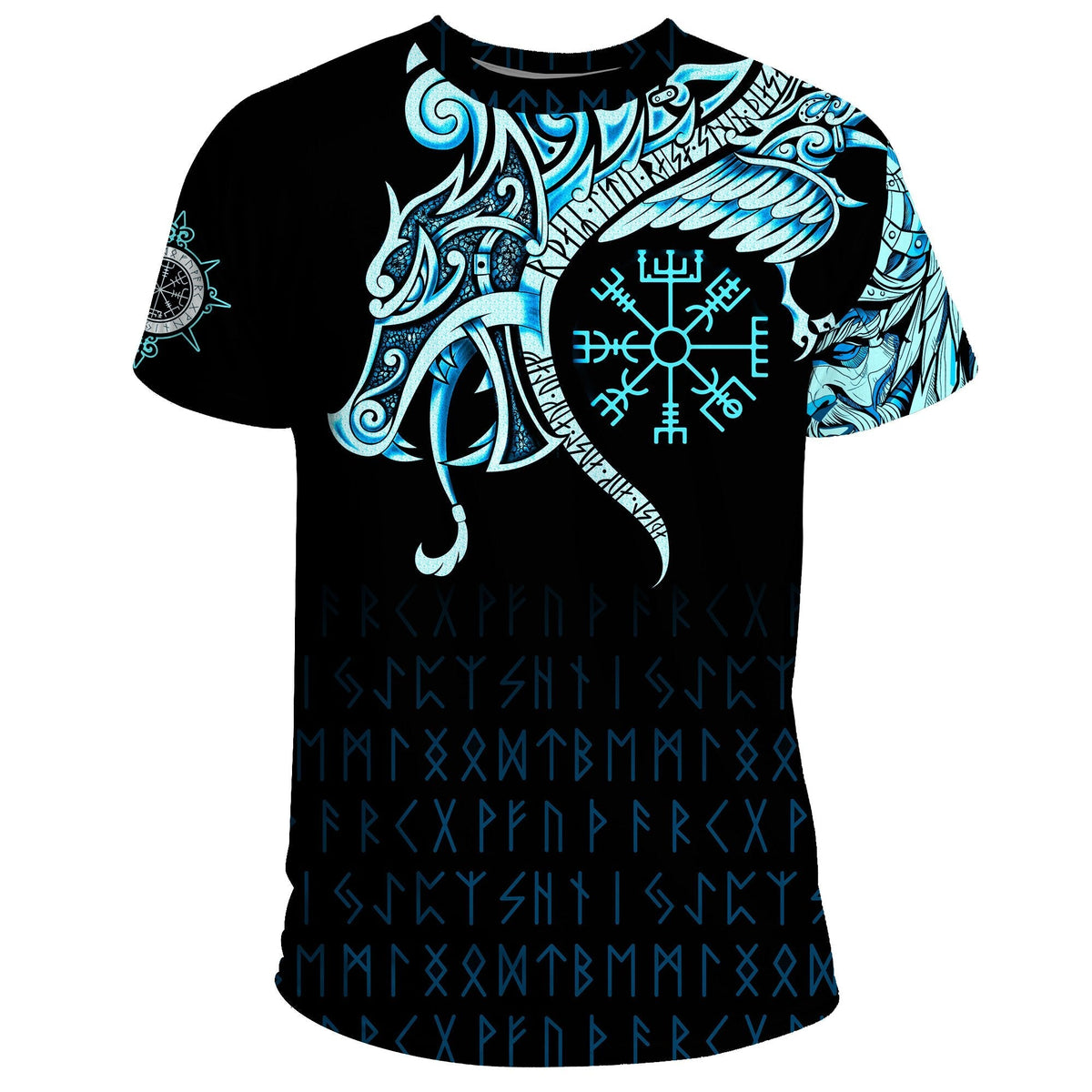 Viking T Shirt, Fenrir Raven and Vegvisir Tattoo Cyan RLT12 - Wonder Print Shop