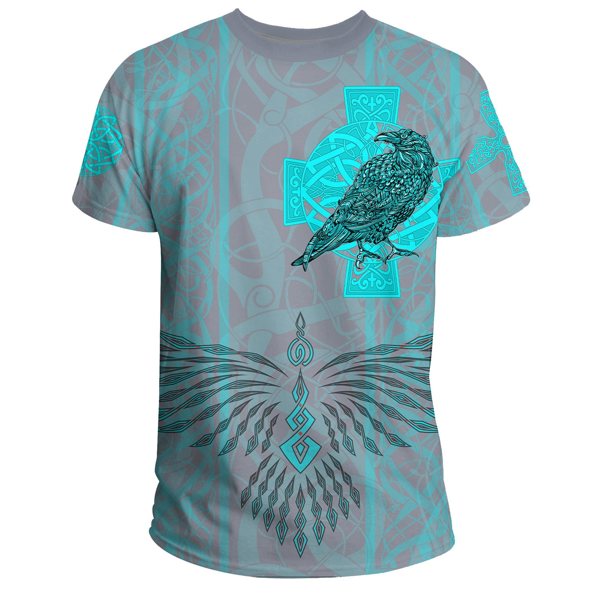 Viking T Shirt Odin's Celtic Raven Scandinavian Tattoo Style Cyan RLT12 - Wonder Print Shop