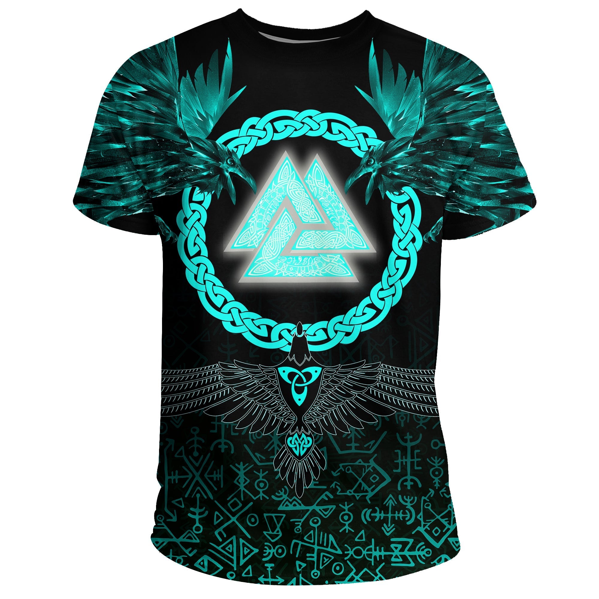 Viking T Shirt Three Raven and Valknut Cyan RLT12 - Wonder Print Shop