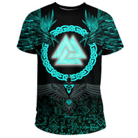 Viking T Shirt Three Raven and Valknut Cyan RLT12 - Wonder Print Shop