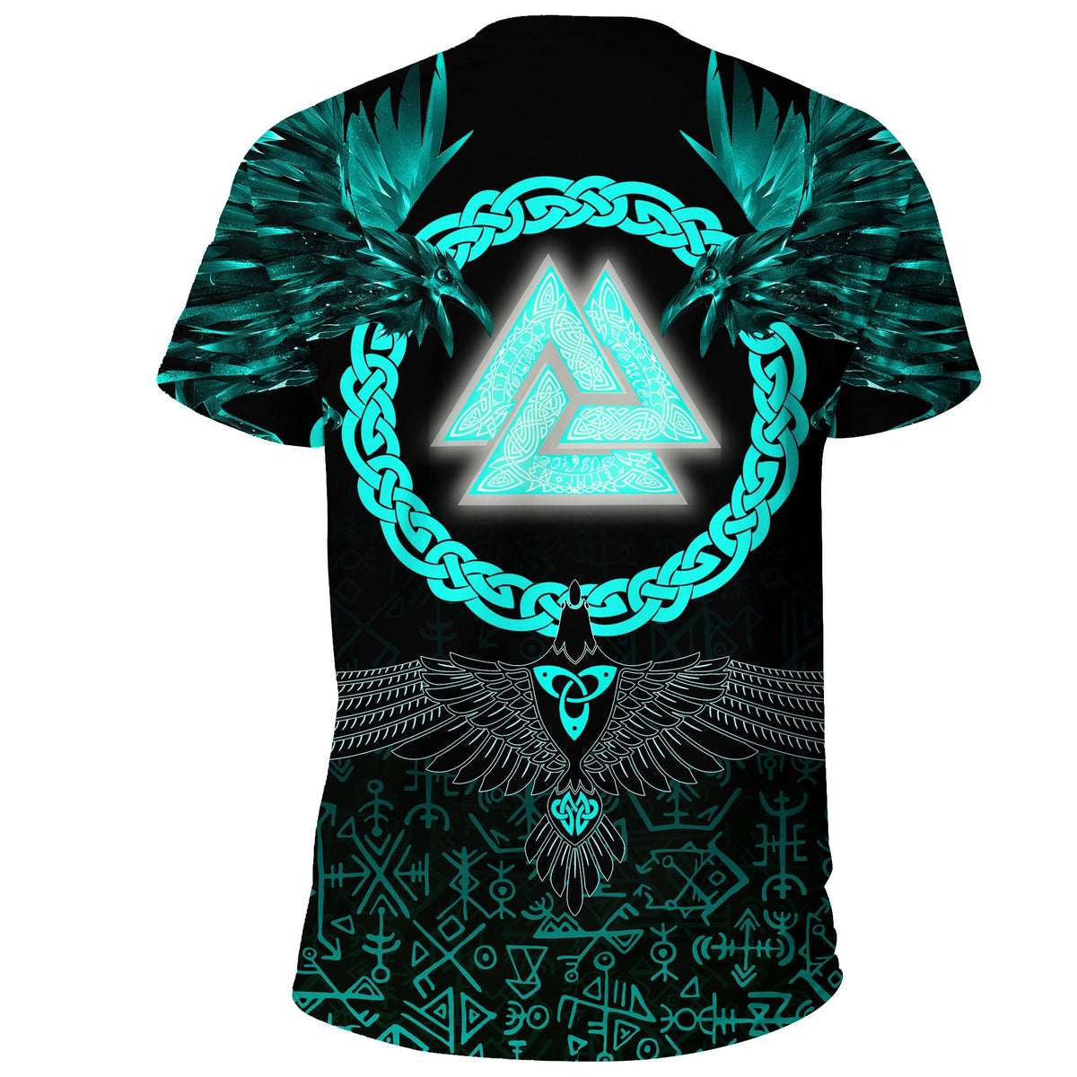 Viking T Shirt Three Raven and Valknut Cyan RLT12 - Wonder Print Shop
