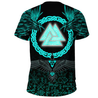 Viking T Shirt Three Raven and Valknut Cyan RLT12 - Wonder Print Shop