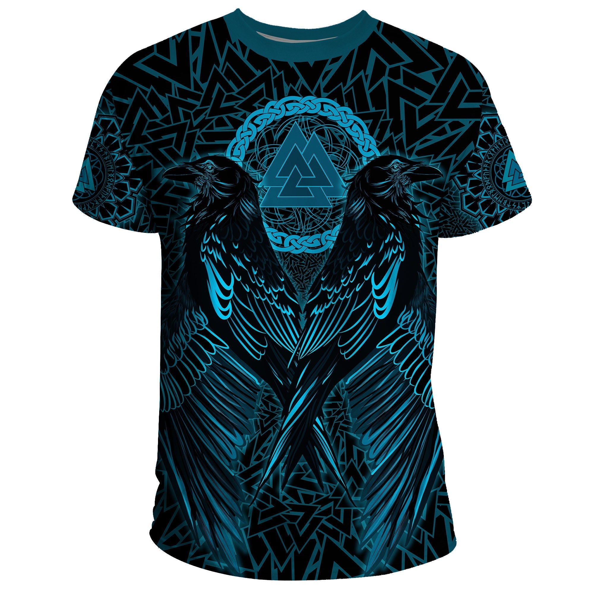 Viking T Shirt Raven Valknut Cyan RLT12 - Wonder Print Shop