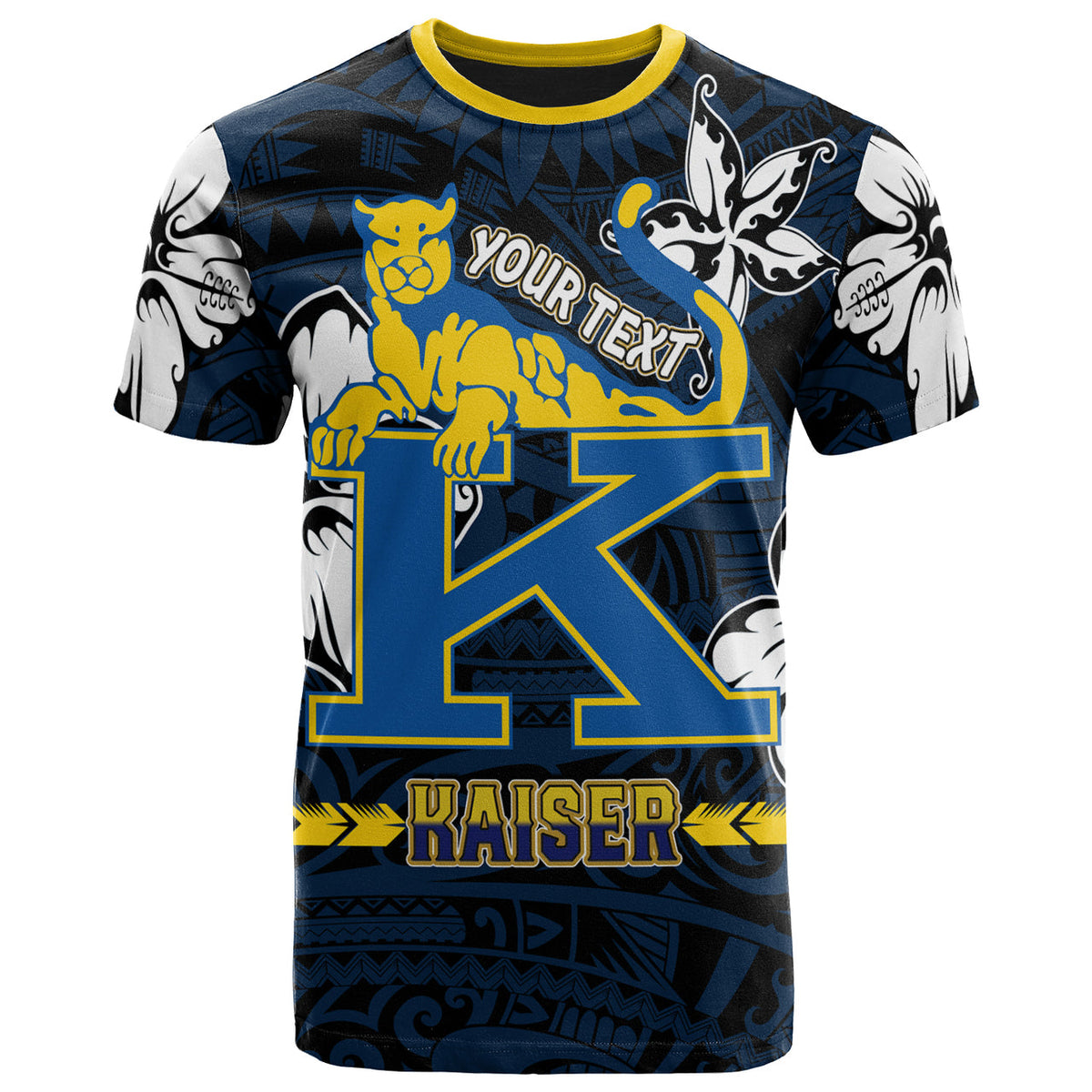 Blue custom T-shirt with Polynesian floral pattern, 'YOUR TEXT' label, and big K design