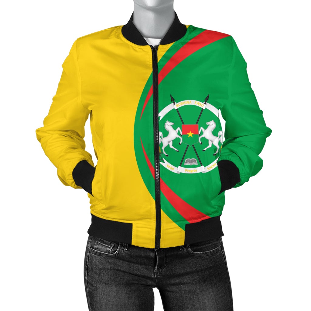 Green/yellow zip bomber with black cuffs and Burkina Faso emblem at center front