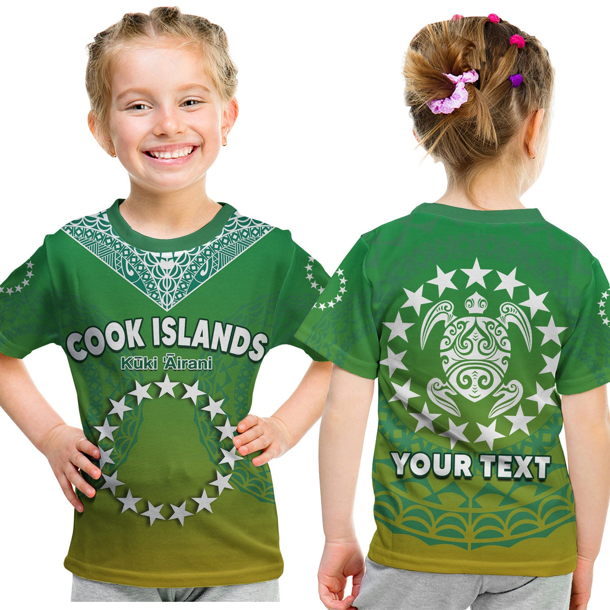 Green kids t-shirt with front star-circle design and back YOUR TEXT