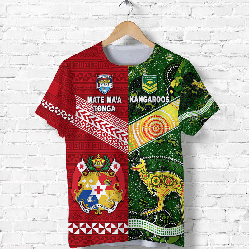 Custom Mate MaA Tonga Ngatu And Australia Kangaroos Aboriginal T Shirt Rugby Together LT8 - Wonder Print Shop