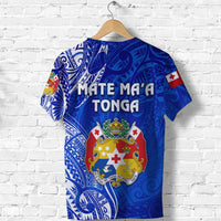 Blue Tonga T-shirt back view with Mate Ma’a Tonga text, crest emblem, and patterns