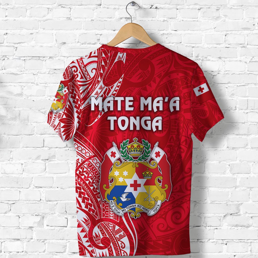 Bright red Tonga T-shirt back view with Mate Ma'a Tonga text and crest
