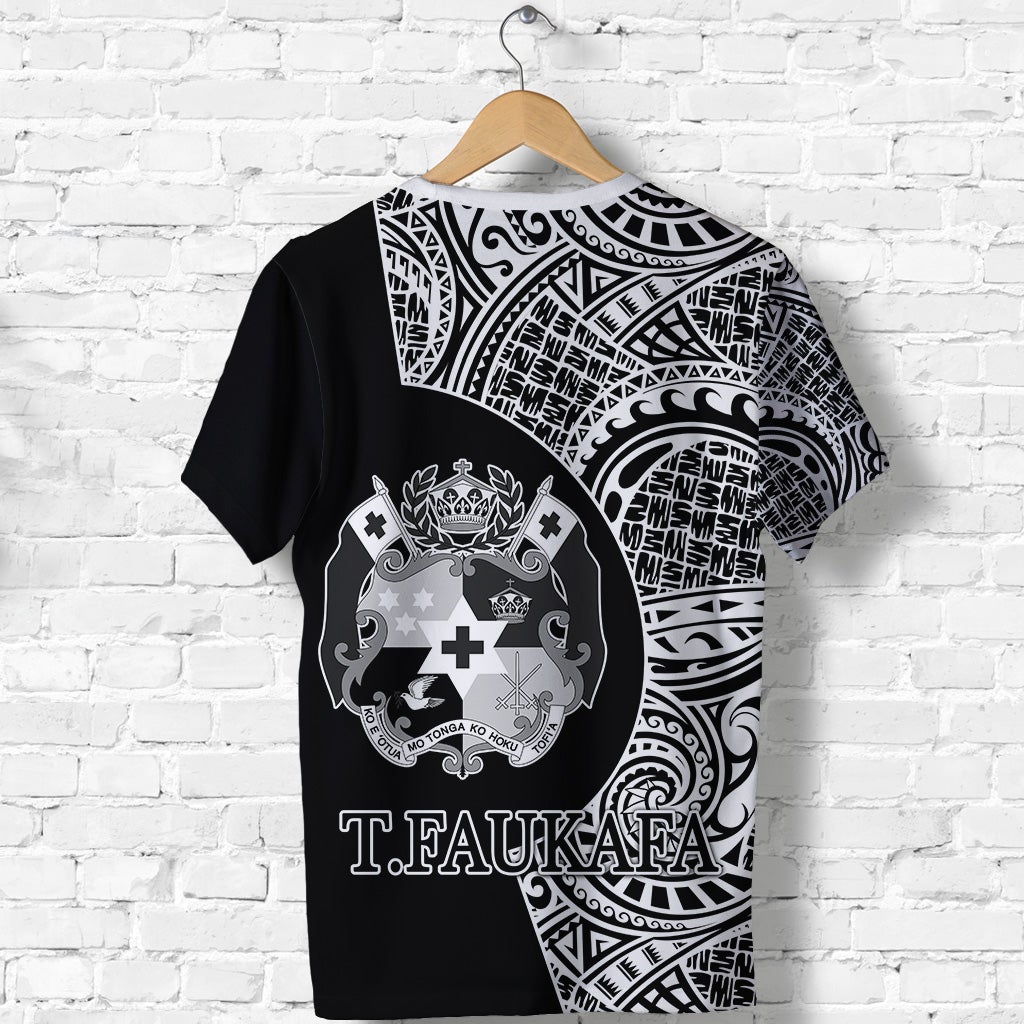 Black T-shirt back with white emblem crest and T.FAUKAFAEA lettering