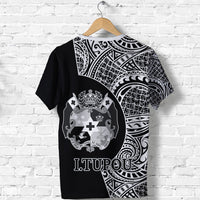 Black T-shirt back view: crest emblem and ITUP0U lettering in tribal artwork