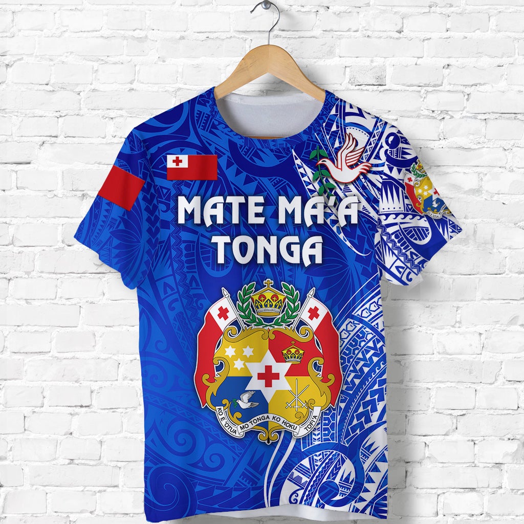 Blue Tonga T-shirt with Mate Ma’a Tonga lettering, crest emblem, and cross flag