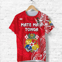 Bright red Tonga T-shirt, Mate Ma'a Tonga lettering and royal crest graphic