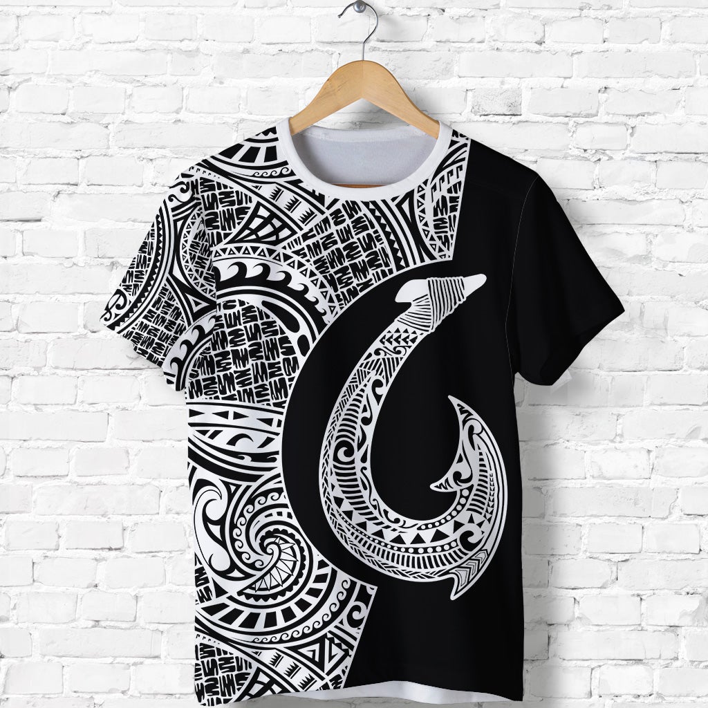 Black tee with oversized white fish-hook and tribal artwork on front