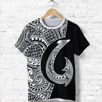 Black tee with oversized white fish-hook and tribal artwork on front