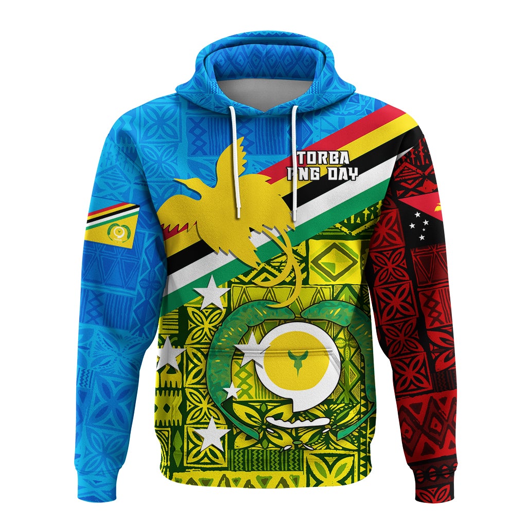 Blue pullover hoodie front with Vanuatu/PNG Day emblem and bold flag stripe design