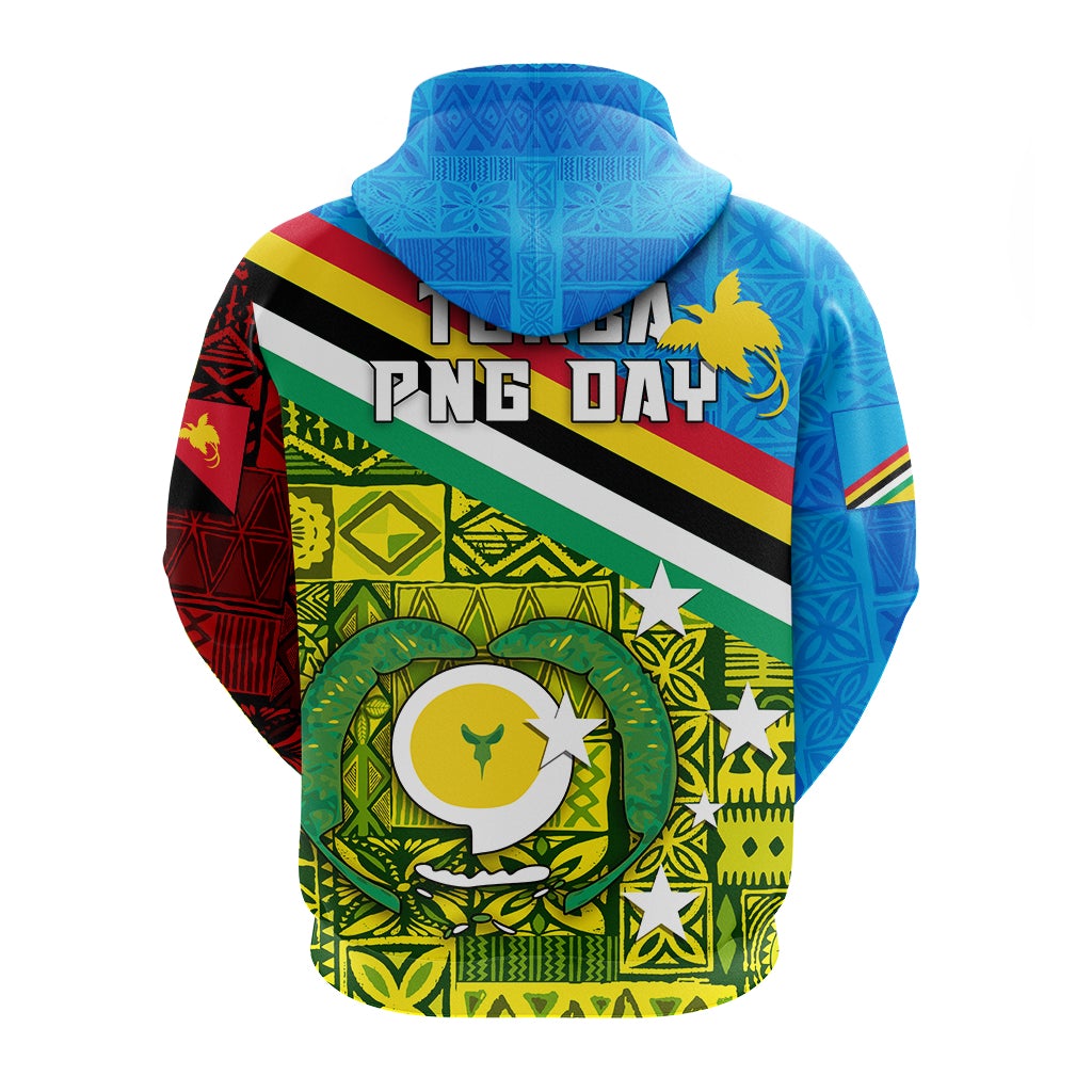 Blue hoodie back view with PNG Day flag graphic and patterned sleeves