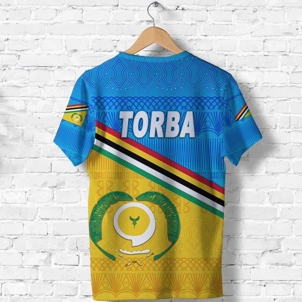 Blue Torba T-shirt back view with TORBA text, colorful stripes, and circular emblem