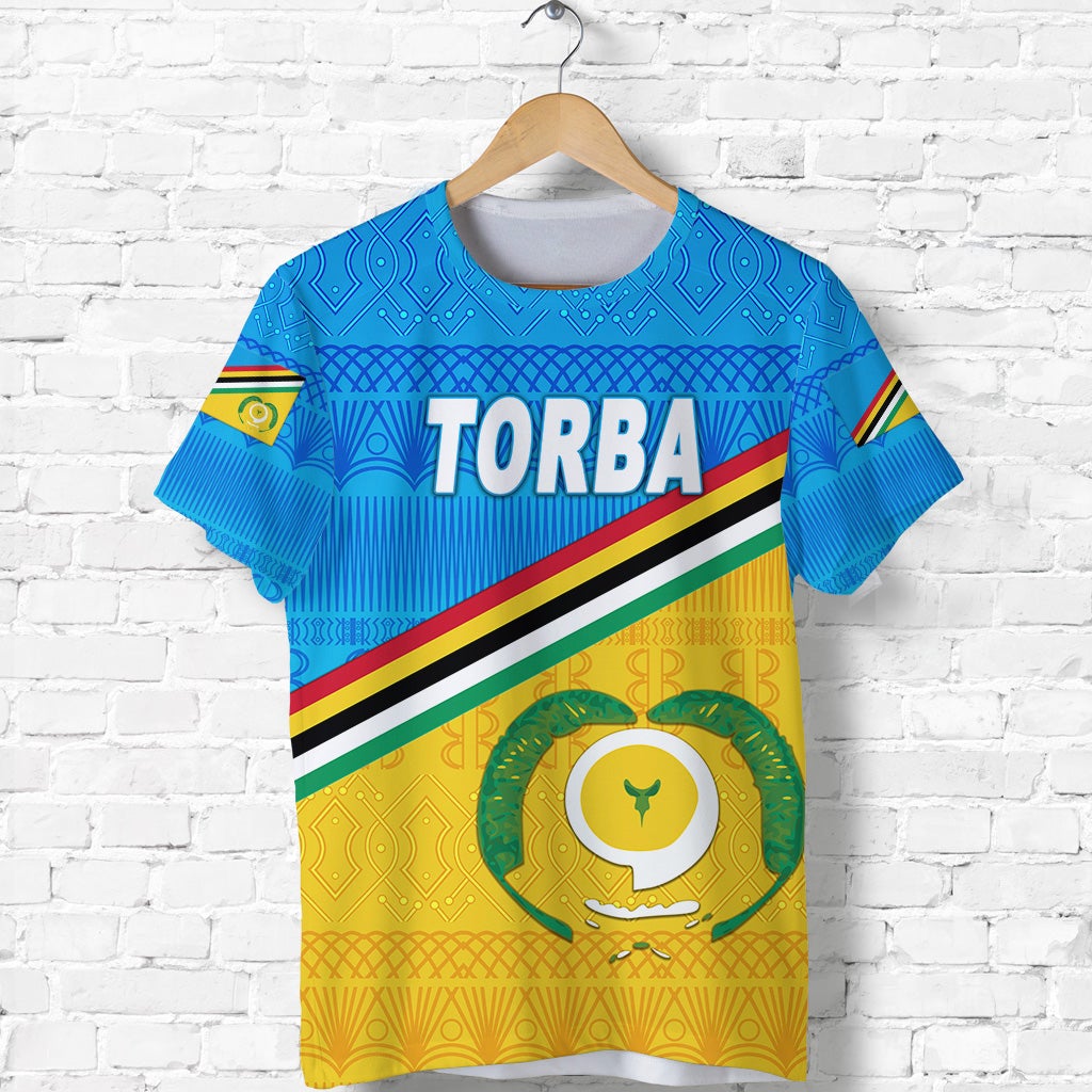 Blue Torba T-shirt front view with large TORBA text, stripes, and circular emblem